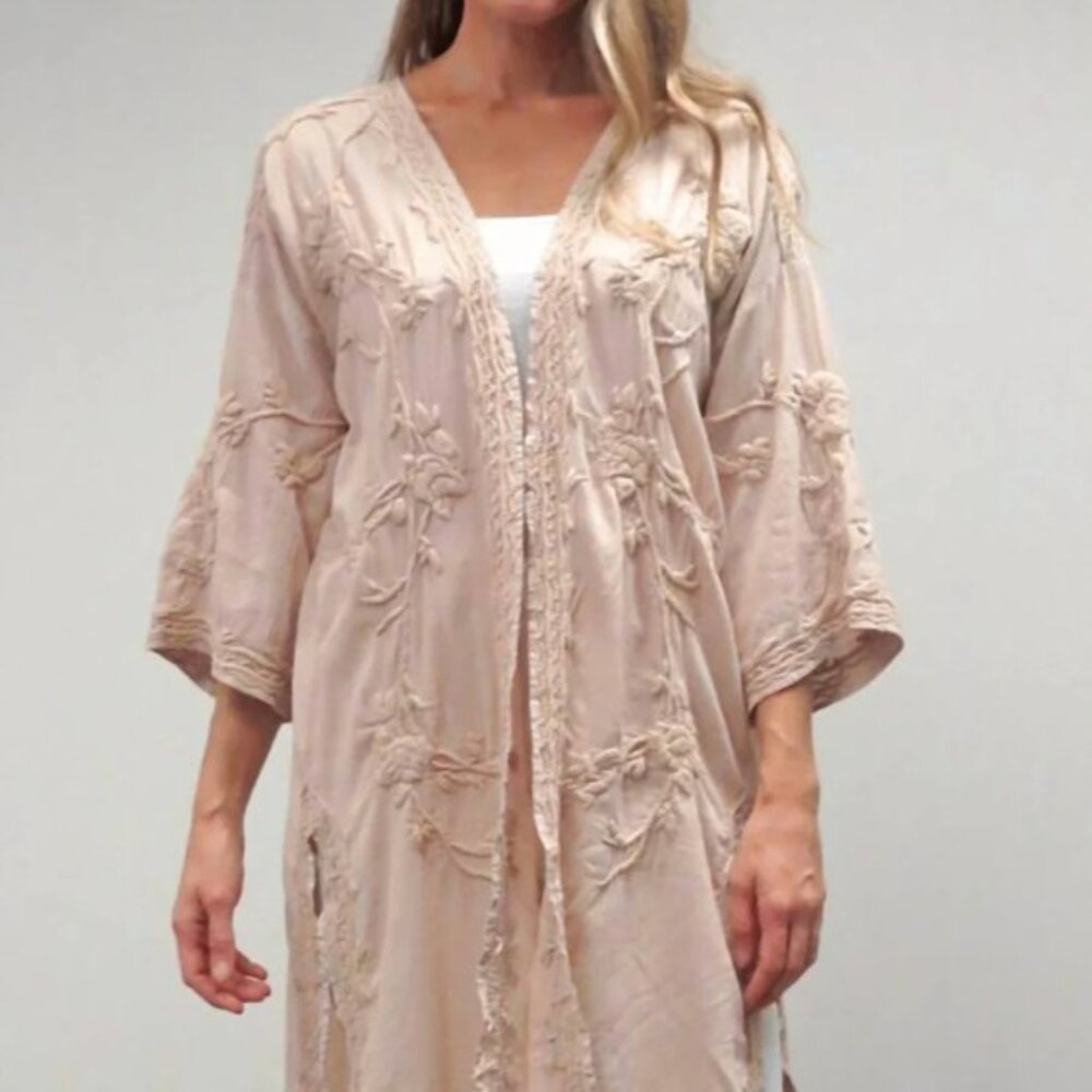 Caite & Kyla Embroidered Cotton Celine Jacket/Kimono/ Duster, Pink, Size S, NWT